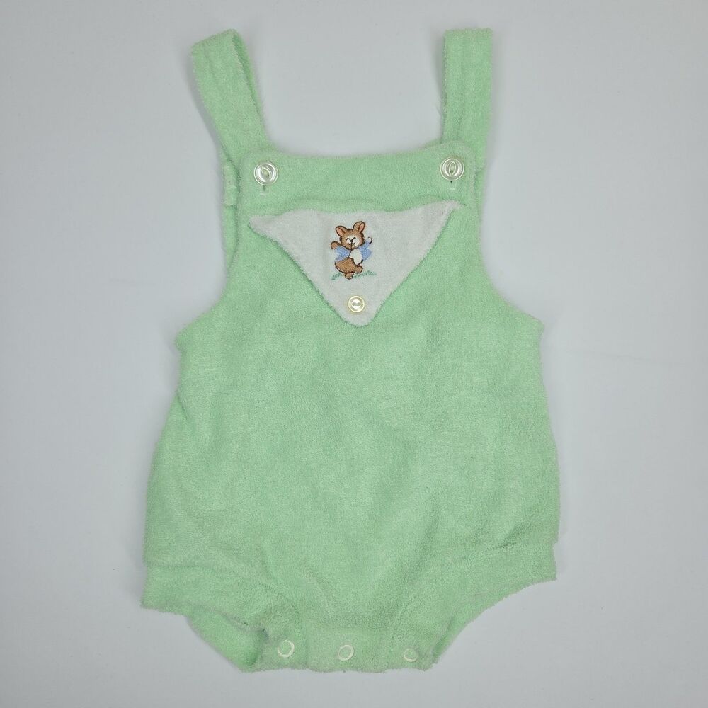 Vtg 70s Little Me Green Terrycloth Romper Embroidered Bunny M 11-17 Lbs